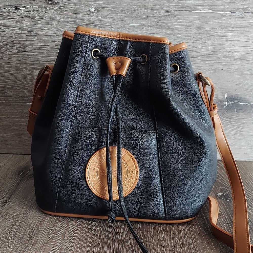 Vintage Perry Ellis America Black Drawstring Bucket Crossbody Bag
